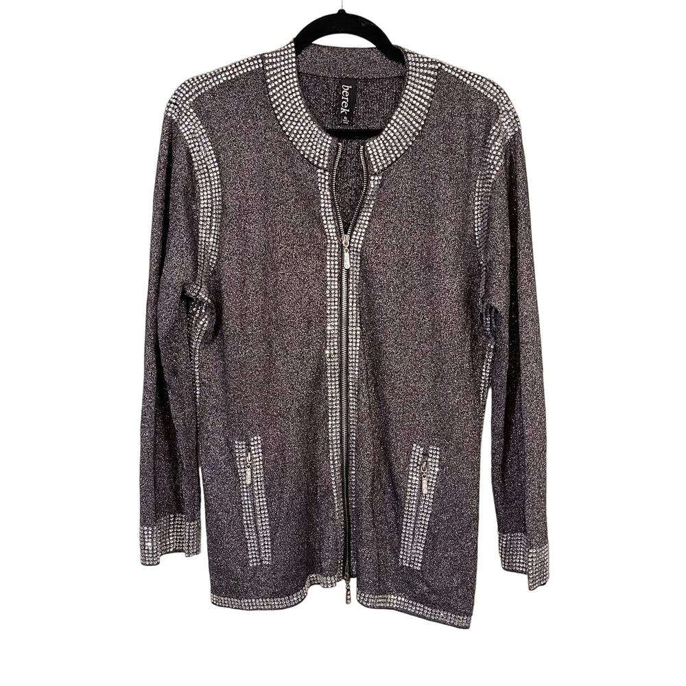 Berek Women's Black Long Sleeve Zipper Rhinestones Sweater Cardigan Size XL